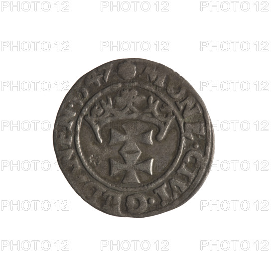 Gdansk szelag, Sigismund I the Old (King of Poland; 1506–1548). Obverse: Eagle of Royal Prussia; in the rim between pearl-shaped borders an inscription: SIGIS.DEI.GRA.REX.PO. Reverse: Coat of arms of Gdansk; in the rim between pearl-shaped borders an inscription: NE.CIVI.GEDANEN.1547. Date: 1547. Poland, Gdansk. Coin, Polish szelag. Materials/style: (silver coin), motifs: eagle, coats of arms, Jagiellonian dynasty. Diameter: 19.0–19.7 mm. Weight: 0.95 g.