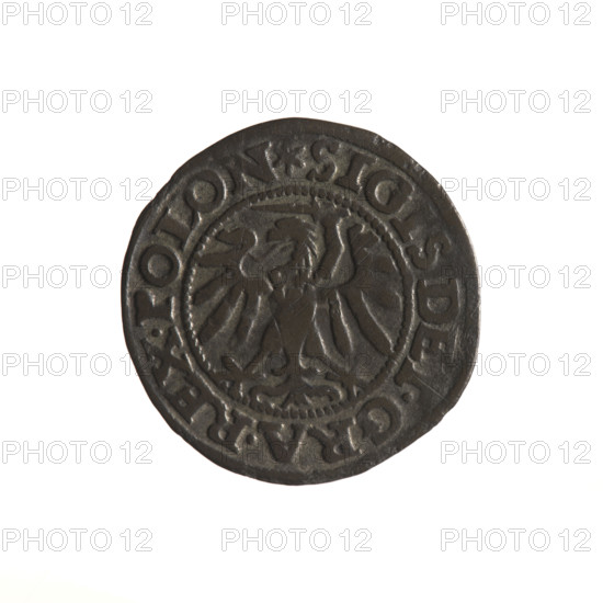 Gdansk szelag, Sigismund I the Old (King of Poland; 1506–1548). Polish coin, 1547. Obverse: Eagle of Royal Prussia; in the rim between pearl-shaped borders an inscription: .SIGIS, DEI.GRA.REX.POLON. Reverse: Coat of arms of Gdansk; in the rim between pearl-shaped borders an inscription: .MONE.CIVI.GEDANEN.1547. Diameter 19.8–20.2 mm; weight 1.08 g.