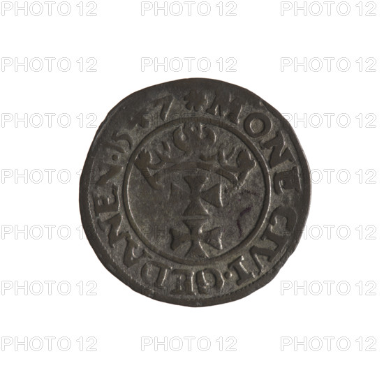 Gdansk szelag, Sigismund I the Old (King of Poland; 1506–1548). Obv.: Eagle of Royal Prussia, in the rim between pearl-shaped borders an inscription: .SIGIS, DEI.GRA.REX.POLON. Rev.: Coat of arms of Gdansk, in the rim between pearl-shaped borders an inscription: .MONE.CIVI.GEDANEN.1547. 1547. Poland, Gdansk. Coin. Diameter 19.8–20.2 mm. Weight 1.08 g. Subjects: Polish coins; Eagle (coat of arms); eagles; Jagiellons (dynasty); coats of arms of cities; coats of arms.