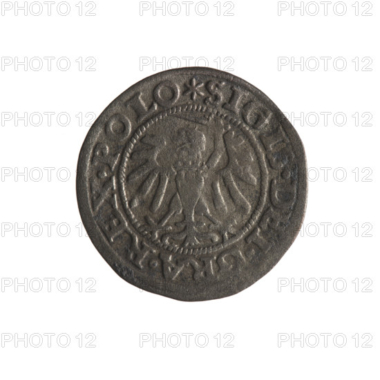 Gdansk szelag, Sigismund I the Old (King of Poland; 1506–1548). Obverse: Eagle of Royal Prussia, in the rim between pearly borders an inscription: .SIGIS.DEI.GRA.REX.POLO. Reverse: Coat of arms of Gdansk, in the rim between pearly borders an inscription: .MONE.CIVI., ANEN.1547. Date: 1547. Poland, Gdansk. Coin (Polish), featuring eagle and city coat of arms. Diameter 20.1–20.4 mm; weight 0.99 g.