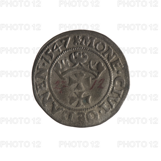 Gdansk szelag, Sigismund I the Old (King of Poland; 1506–1548). Obv.: Eagle of Royal Prussia; in the rim between pearly borders an inscription: .SIGIS.DEI.GRA.REX.POLO. Rev.: Coat of arms of Gdansk; in the rim between pearly borders an inscription: .MONE.CIVI., ANEN.1547. 1547. Poland, Gdansk. Coin. Diameter 20.1–20.4 mm. Weight 0.99 g. Subjects: Polish coins; Eagle (coat of arms); eagles; Jagiellons (dynasty); coats of arms of cities; coats of arms; Gdansk (coat of arms).