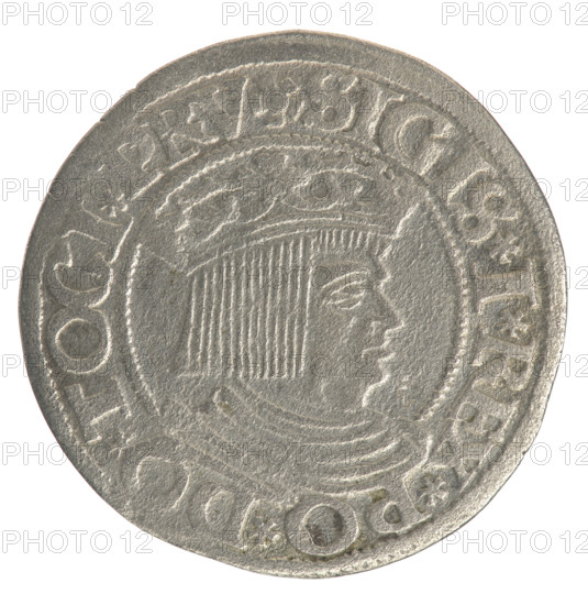 Gdansk grosz, Sigismund I the Old (King of Poland; 1506–1548). Polish coin (1534). Obv.: Crowned male bust in profile turned to the right; rim between pearly borders with inscription: .SIGIS.I.REX.PO.DO.TOCI.PRV. Rev.: Coat of arms of Gdansk; rim between pearly borders with inscription: .GROSSVS.CIVI.DANCZ.1534. Diameter 22.5–22.7 mm; weight 1.79 g. Jagiellonian-era; royal/male bust iconography., A circular metallic object with a worn surface showing a raised profile of a person's head in relief facing right, wearing a crown and a textured hairstyle made of parallel lines; the profile is surrounded by a raised border and decorative elements including a few small floral-like shapes and circular dots; the metal appears predominantly gray with subtle variations in tone including lighter silvery highlights and slightly darker gray areas where the surface is shadowed or textured; the outer rim shows uneven edges and the overall object has a slightly irregular circular shape.