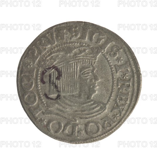 Gdansk grosz, Sigismund I the Old (King of Poland; 1506–1548). Obverse: Crowned male bust in profile turned to the right; in the rim between pearl borders inscription: .SIGIS.I.REX.PO.DO.TOCI.PRV. Reverse: Coat of arms of Gdansk; in the rim between pearl borders inscription: .GROSSVS.CIVI.DANCZ.1535. Date: 1535. Poland, Gdansk. Coin. Diameter 22.4–22.9 mm. Weight 1.72 g.