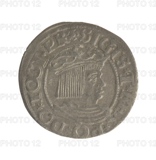 Gdansk grosz, Sigismund I the Old (King of Poland; 1506–1548). Obverse: Crowned male bust in profile turned to the right; in rim between pearl borders inscription '.SIGIS.I., .PO.DO.TOCI.PR'. Reverse: Coat of arms of Gdansk; in rim between pearl borders inscription '.GROSSVS.CIVI.DAN'. Date: 1535. Material: coin (Poland, Gdansk). Diameter: 21.4–22.3 mm. Weight: 1.69 g. Subjects: male/royal bust, city coat of arms; iconography of Sigismund I the Old; Jagiellonian dynasty.