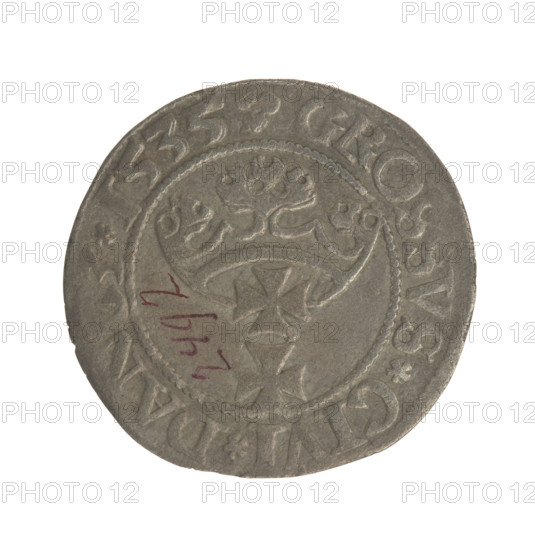 Gdansk grosz, Sigismund I the Old (King of Poland; 1506–1548). Obverse: Crowned male bust in profile facing right; in rim between pearly borders inscription '.SIGIS.I., .PO.DO.TOCI.PR'. Reverse: Coat of arms of Gdansk; in rim between pearly borders inscription '.GROSSVS.CIVI.DAN'. Date: 1535. Materials: coin. Dimensions: diameter 21.4–22.3 mm; weight 1.69 g. Iconography: royal bust, city coat of arms. Dynasty: Jagiellonians.