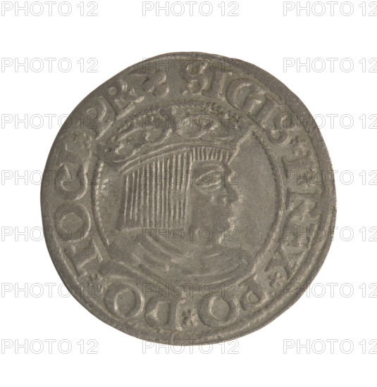 Gdansk grosz, Sigismund I the Old (King of Poland; 1506–1548). Obverse: Crowned male bust in profile turned to the right; rim between pearly borders inscribed '.SIGIS.I.REX.PO.DO.TOCI.PR'. Reverse: Coat of arms of Gdansk; rim between pearl borders inscribed '.GROSSVS.CIVI.DANCZ.1535'. Date: 1535. Material: coin (polished silver implied), diameter 22.3–22.8 mm, weight 1.74 g. Subject: royal bust, city coat of arms; style: Jagiellonian-era Polish coinage.