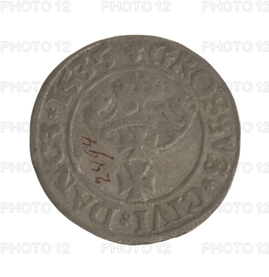 Gdansk grosz, Sigismund I the Old (King of Poland; 1506–1548). Obverse: Crowned male bust in profile turned to the right; in the rim between pearly borders an inscription: .SIGIS.I.REX.PO.DO.TOCI.PR. Reverse: Coat of arms of Gdansk; in the rim between pearly borders the inscription: .GROSSVS.CIVI.DANCZ.1535. Date: 1535. Poland, Gdansk. Coin; diameter 22.3–22.8 mm; weight 1.74 g. Subjects/styles: Polish coins; Jagiellonians (dynasty); royal/male busts; city coats of arms; iconography of Sigismund I the Old.