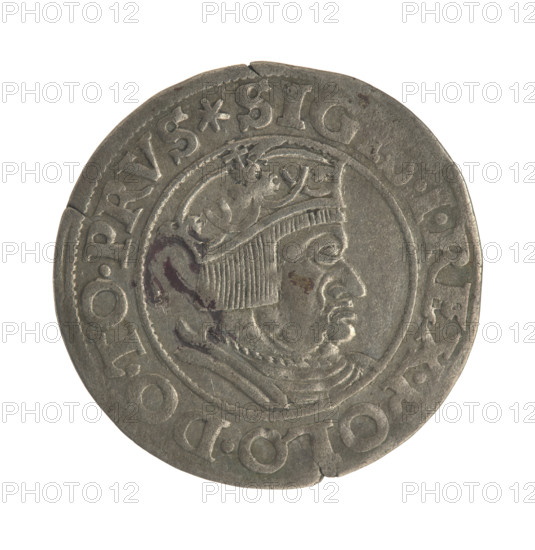 Gdansk grosz, Sigismund I the Old (King of Poland; 1506–1548). Polish coin, 1535. Obv.: Crowned male bust in profile turned to the right; in the rim between pearl borders inscription: .SIG, .I.REX.POLO.DO.TO.PRVS. Rev.: Coat of arms of Gdansk; in the rim between pearly borders inscription: .GROSSVS.CIVIT.DANC. Diameter approx. 22.7–23.0 mm; weight 2 g.