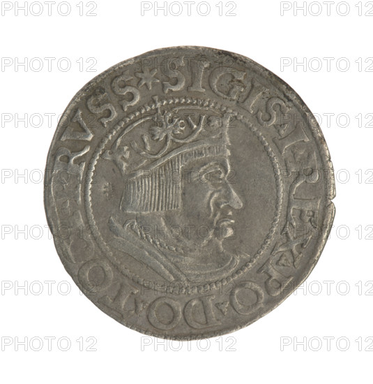 Gdansk grosz, Sigismund I the Old (King of Poland; 1506–1548). Obverse: Crowned male bust in profile turned to the right; in the rim between pearl borders inscription: .SIGIS.I.REX.PO.DO.TO, RVSS. Reverse: Coat of arms of Gdansk; in the rim between pearly borders inscription: .GROSSVS.CIVIT., CZK.1535. Date: 1535. Material: coin. Place: Gdansk, Poland. Diameter: 22.3–22.7 mm. Weight: 2.09 g. Subjects/styles: Polish coins; Jagiellonian dynasty; royal/male bust; city coats of arms; iconography of Sigismund I the Old.