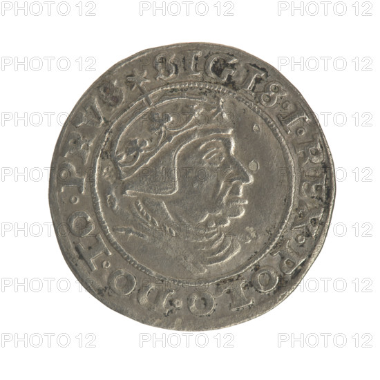 Gdansk grosz, Sigismund I the Old (King of Poland; 1506–1548). Obv.: Crowned male bust in profile turned to the right; in the rim between pearl borders an inscription: .SIGIS.I.REX.POLO.DO.TO.PRVS. Rev.: Coat of arms of Gdansk; in the rim between pearl borders the inscription: GROSSVS.CIVI.GEDANEN.1540. Date: 1540. Material: coin. Place: Gdansk, Poland. Diameter: ca. 22.4–22.6 mm. Weight: 1.9 g. Iconography: royal/male busts; Jagiellonian dynasty.