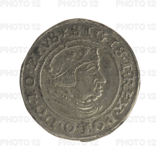 Gdansk grosz, Sigismund I the Old (King of Poland; 1506–1548). Obverse: Crowned male bust in profile turned to the right; in the rim between pearly borders an inscription: .SIGIS.I.REX.POLO.DO.TO.PRVS. Reverse: Coat of arms of Gdansk; in the rim between pearly borders the inscription: GROSSVS.CIVI.GEDANEN.1540. Date: 1540. Material: coin. Diameter: 22.4 mm. Weight: 2 g. Subjects: Polish coins, Jagiellonians dynasty, royal/male bust iconography, Gdansk (coat of arms).