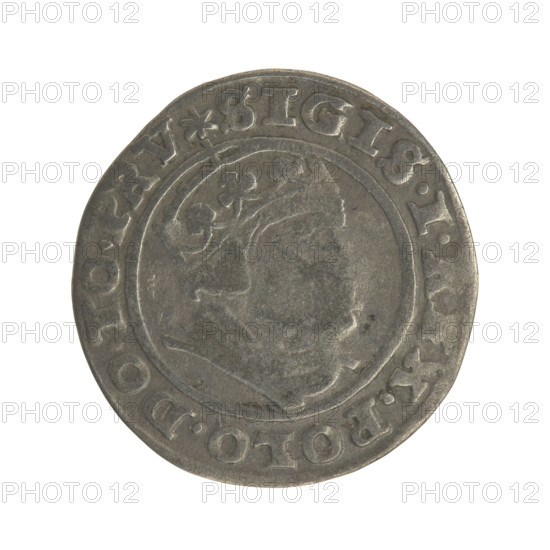 Gdansk grosz, Sigismund I the Old (King of Poland; 1506–1548). Obverse: Crowned male bust in profile turned to the right; in the rim between pearl-shaped borders an inscription: SIGIS.I.REX.POLO.DO.TO.PRV. Reverse: Coat of arms of Gdansk; in the rim between pearl-shaped borders an inscription: GROSSVS.CIVI.GEDANEN.1540. Date: 1540. Poland, Gdansk. Coin (Jagiellonian dynasty); male/royal bust iconography. Diameter: 22.0–22.6 mm. Weight: 1.84 g.