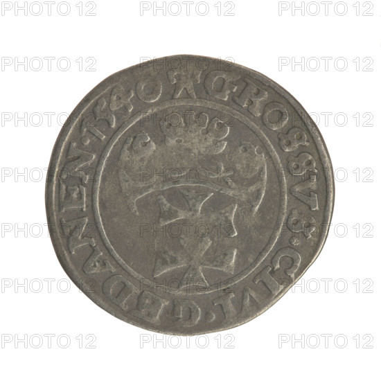 Gdansk grosz, Sigismund I the Old (King of Poland; 1506–1548). Obverse: Crowned male bust in profile turned to the right; in the rim between pearl-shaped borders an inscription: SIGIS.I.REX.POLO.DO.TO.PRV. Reverse: Coat of arms of Gdansk; in the rim between pearl-shaped borders an inscription: GROSSVS.CIVI.GEDANEN.1540. Date: 1540. Poland, Gdansk. Coin. Diameter 22.0–22.6 mm; weight 1.84 g. Subjects: Polish coins; Jagiellonian dynasty; male/royal bust; Sigismund I the Old — iconography; city coats of arms.