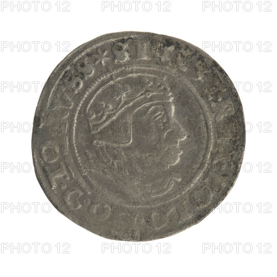 Gdansk grosz, Sigismund I the Old (King of Poland; 1506–1548). Obv.: Crowned male bust in profile turned to the right; in the rim between pearly borders an inscription: .SIGI, IR, X.POLO., .TO, VSS. Rev.: Coat of arms of Gdansk; in the rim between the pearl borders the inscription: .GROSSVS.CIVI.GED, EN., 1540. Polish coin, Jagiellonian dynasty, royal/male bust iconography. Poland, Gdansk. Diameter 22.4–22.8 mm; weight 1.9 g.