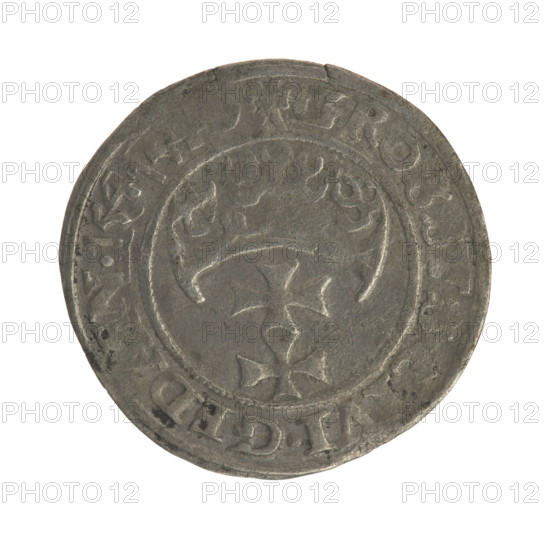Gdansk grosz, Sigismund I the Old (King of Poland; 1506–1548). Obv.: Crowned male bust in profile turned to the right; in the rim between pearly borders an inscription: .SIGI, IR, X.POLO., .TO, VSS. Rev.: Coat of arms of Gdansk; in the rim between pearly borders the inscription: .GROSSVS.CIVI.GED, EN., 1540. Poland, Gdansk. Coin. Diameter 22.4–22.8 mm. Weight 1.9 g.