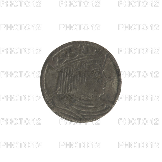 Gdansk grosz forgery, Sigismund I the Old (King of Poland; 1506–1548) (for the original). Polish coin, Jagiellonian dynasty. Obverse: Crowned male bust in profile turned to the right, pearl border. Reverse: Coat of arms of Gdansk, pearl border. After 1548. Poland, Gdansk. Coin (clipped, counterfeit). Diameter 14.8–15.0 mm, weight 0.8 g.