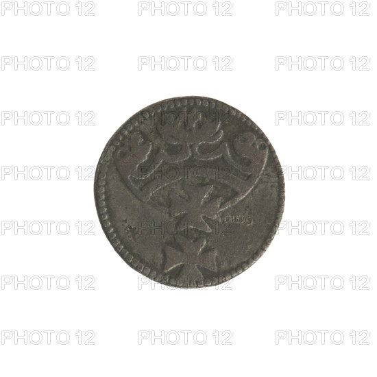 Gdansk grosz forgery, Sigismund I the Old (King of Poland; 1506–1548) (for the original). Polish coin, Jagiellonians (dynasty). Obverse: Crowned male bust in profile turned to the right, pearl border. Reverse: Coat of arms of Gdansk, pearl border. After 1548. Poland, Gdansk. Coin (clipped, counterfeit). Diameter 14.8–15.0 mm, weight 0.8 g.