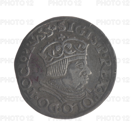 Gdansk troika, Sigismund I the Old (King of Poland; 1506–1548). Obverse: Crowned male bust in profile turned to the right, inscription around the rim: .SIGIS.P.REX.POLO.DO.TOCI.PRVSS. Reverse: Inscription around the rim in five lines, date separated by a shield with the coat of arms of Gdansk: III./GROSS:AR./TRIP:CIVI:/DANNCZK/.15 - 35. 1535. Poland, Gdansk. Coin. Jagiellonian dynasty; royal/male bust iconography; city coat of arms (Gdansk). Diameter 21.2–21.8 mm; weight 2.62 g.