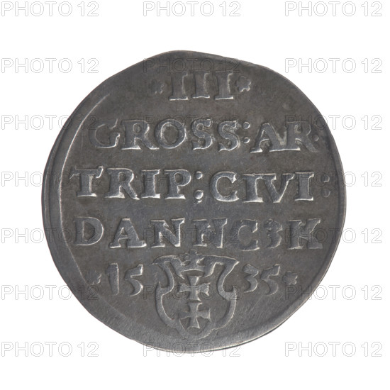 Gdansk troika, Sigismund I the Old (King of Poland; 1506–1548). Jagiellonians dynasty; male/royal busts; Sigismund I the Old (1467–1548) — iconography. Obverse: Crowned male bust in profile turned to the right, inscription around the rim: .SIGIS.P.REX.POLO.DO.TOCI.PRVSS. Reverse: Inscription around the rim in five lines, date separated by a shield with the coat of arms of Gdansk: III./GROSS:AR./TRIP:CIVI:/DANNCZK/.15–35. 1535. Poland, Gdansk. Coin; diameter 21.2 mm and 21.8 mm; weight 2.62 g.