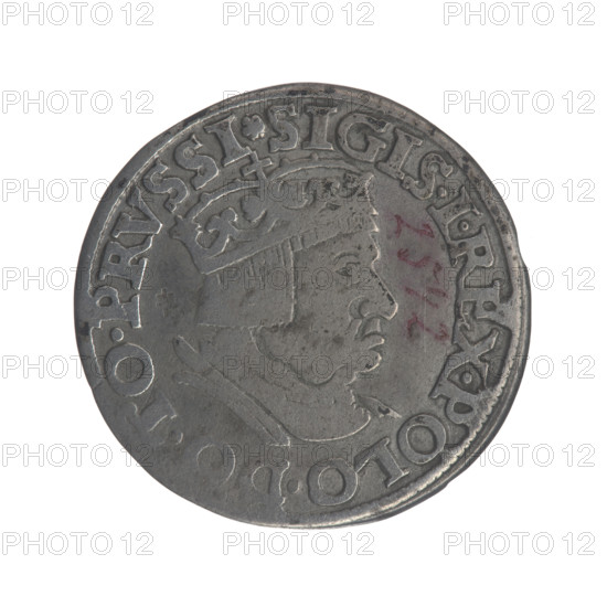 Gdansk troika, Sigismund I the Old (King of Poland; 1506–1548). Obverse: Crowned male bust in profile turned to the right, inscription around the rim: .SIGIS.I.REX.POLO.DO.TO.PRVSSI. Reverse: Inscription around the rim in five lines, date separated by a shield with the coat of arms of Gdansk: III./.GROS:AR./TRIP:CIVI:/DANNCZK/.15 - 36. 1536. Poland, Gdansk; coin; Jagiellonian period; city coat of arms (Gdansk). Diameter 20.7–21.0 mm; weight 2.42 g.