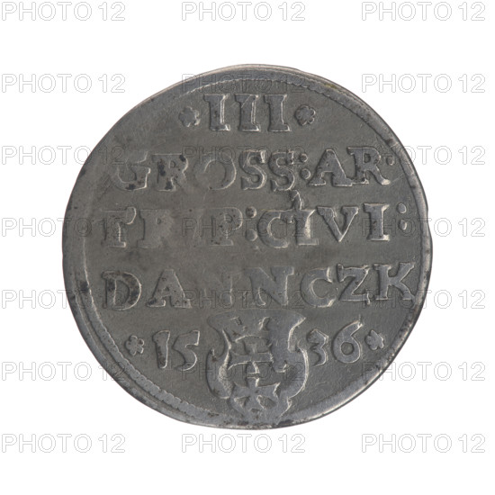 Gdansk troika, Sigismund I the Old (King of Poland; 1506–1548). Polish coin, 1536. Obverse: Crowned male bust in profile turned to the right, inscription around the rim: .SIGIS.I.REX.POLO.DO.TO.PRVSSI. Reverse: Inscription around the rim in five lines, date separated by a shield with the coat of arms of Gdansk: III./.GROS:AR./TRIP:CIVI:/DANNCZK/.15 - 36. Jagiellonian era; royal bust iconography; city coat of arms (Gdansk). Diameter approx. 20.7–21.0 mm; weight 2.42 g.