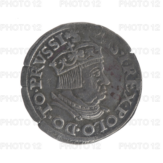 Gdansk troika, Sigismund I the Old (King of Poland; 1506–1548). Polish coin, 1536. Obverse: Crowned male bust in profile turned to the right, inscription around the rim: .I.REX.POLO.DO.TO.PRVSSI. Reverse: In the rim inscription in five lines, date separated by a shield with the coat of arms of Gdansk: III./GROS:AR:/TRIP:CIVI./DANNCZK/.15-36. Jagiellonian dynasty; city coat of arms (Gdansk). Diameter 20.5–20.8 mm; weight 2.65 g.