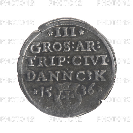 Gdansk troika, Sigismund I the Old (King of Poland; 1506–1548). Polish coin (trojak) dated 1536. Obverse: Crowned male bust in profile turned to the right, inscription around the rim: .I.REX.POLO.DO.TO.PRVSSI. Reverse: In-rim inscription in five lines, date separated by a shield with the coat of arms of Gdansk: III./GROS:AR:/TRIP:CIVI./DANNCZK/.15–36. Diameter 20.5–20.8 mm; weight 2.65 g. Subjects/styles: Jagiellonian dynasty; royal bust; city coat of arms (Gdansk).