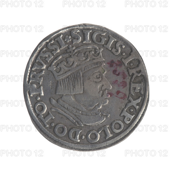 Gdansk troika, Sigismund I the Old (King of Poland; 1506–1548). Polish coin, 1536. Obverse: Crowned male bust in profile turned to the right, inscription around the rim: .SIGIS.I.REX.POLO.DO.TO.PRVSSI. Reverse: Inscription around the rim in five lines, date separated by a shield with the coat of arms of Gdansk: .III./GROS:AR:/TRIP:CIVI:/DANNCZK/.15 - 36. Jagiellonian-era royal bust iconography; city coat of arms (Gdansk). Diameter 20.6–20.8 mm; weight 2.55 g.
