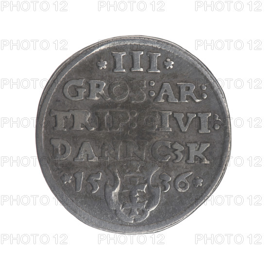 Gdansk troika, Sigismund I the Old (King of Poland; 1506–1548). Polish coin (Jagiellonians dynasty). Obverse: Crowned male bust in profile turned to the right, inscription around the rim: .SIGIS.I.REX.POLO.DO.TO.PRVSSI. Reverse: Inscription around the rim in five lines, date separated by a shield with the coat of arms of Gdansk: .III./GROS:AR:/TRIP:CIVI:/DANNCZK/.15 - 36. Date: 1536. City coat of arms: Gdansk. Diameter: 20.6–20.8 mm. Weight: 2.55 g.