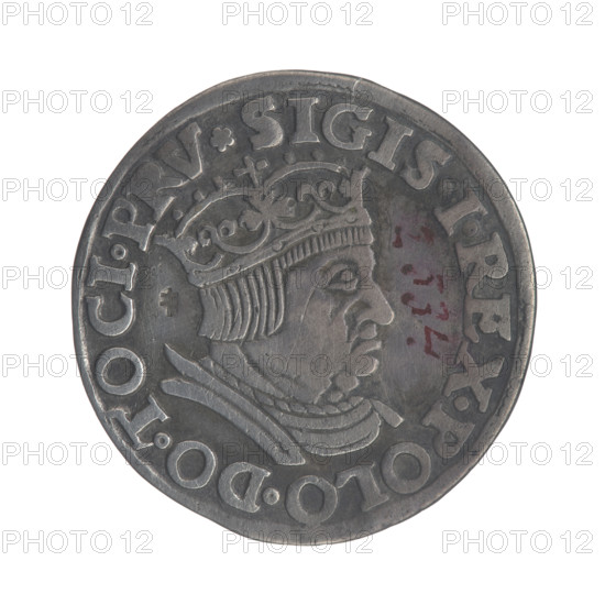 Gdansk troika, Sigismund I the Old (King of Poland; 1506–1548). Polish coin, 1536. Obverse: Crowned male bust in profile turned to the right, inscription around the rim: .SIGIS.I.REX.POLO.DO.TOCI.PRV. Reverse: Inscription around the rim in five lines, date separated by a shield with the coat of arms of Gdansk: .III./.GROS:AR./TRIP:CIVI:/DANNCZK/.15 - 36. Jagiellonian dynasty; royal bust; city coat of arms (Gdansk). Diameter 21.0–22.0 mm; weight 2.49 g.
