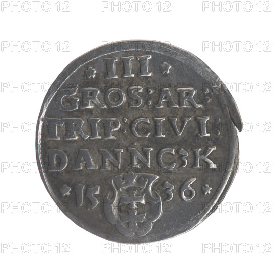 Gdansk trojak, Sigismund I the Old (King of Poland; 1506–1548), Polish coin, Jagiellonian dynasty; obv.: crowned male bust in profile turned to the right, inscription around rim: .SIGIS.I.REX.POLO.DO.TO.PRVSSIE; rev.: inscription around the rim in five lines, date separated by a shield with the coat of arms of Gdansk: .III./.GROS:AR:/TRIP:CIVI:/DANNCZK/.15 - 36.; 1536; Gdansk, Poland; city coat of arms (Gdansk); royal bust (iconography); diameter 20.3–20.5 mm; weight 2.62 g.