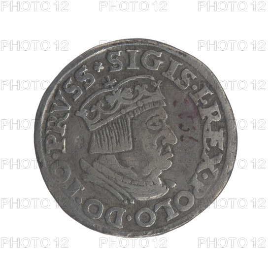 Gdansk troika, Sigismund I the Old (King of Poland; 1506–1548). Obverse: crowned male bust in profile turned to the right, inscription around the rim: .SIGIS.I.REX.POLO.DO., .PRVSS. Reverse: inscription around the rim in five lines, date separated by a shield with the coat of arms of Gdansk: III./.GROS:AR./TRIP:CIVI:/DANNCZK/.15 - 36. 1536. Polish coin, Jagiellonian dynasty; city coat of arms (Gdansk). Diameter 20.3–20.7 mm, weight 2.45 g.