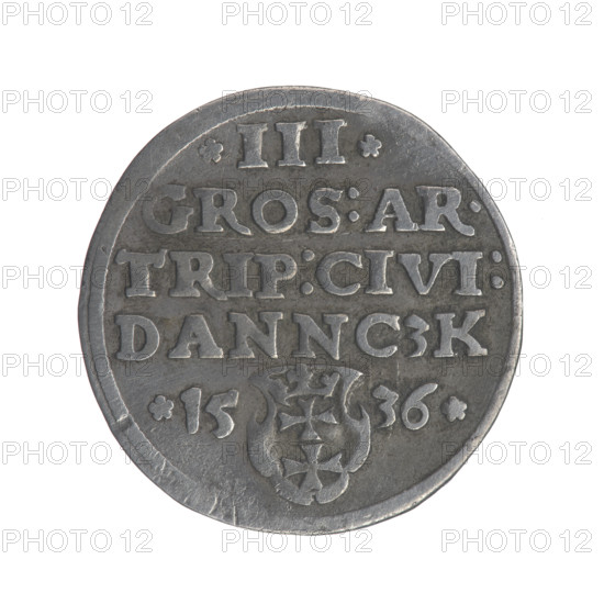 Gdansk troika, Sigismund I the Old (King of Poland; 1506–1548). Jagiellonians dynasty. Obverse: crowned male bust in profile turned to the right, inscription around the rim: .SIGIS.I.REX.POLO.DO., .PRVSS. Reverse: inscription around the rim in five lines, date separated by a shield with the coat of arms of Gdansk: III./.GROS:AR./TRIP:CIVI:/DANNCZK/.15 - 36. 1536. Poland, Gdansk. Coin. City coat of arms (Gdansk). Diameter 20.3–20.7 mm. Weight 2.45 g.