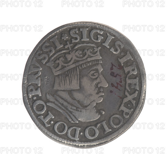 Gdansk trojak, Sigismund I the Old (King of Poland; 1506–1548). Obv.: Crowned male bust in profile turned to the right, inscription around the rim: .SIGIS.I.REX.POLO.DO.TO.PRVSSI. Rev.: Inscription around the rim in five lines, date separated by a shield with the coat of arms of Gdansk: III./GROS:AR./TRIP:CIVI/DANNCZK/.15 - 36. 1536. Poland, Gdansk. Coin (trojak), Jagiellonian dynasty; royal bust, city coat of arms (Gdansk). Diameter 20.4–21.0 mm, weight 2.5 g.