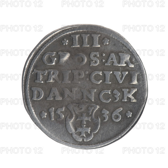 Gdansk trojak, Sigismund I the Old (King of Poland; 1506–1548). Obv.: Crowned male (royal) bust in profile turned to the right, inscription around the rim: .SIGIS.I.REX.POLO.DO.TO.PRVSSI. Rev.: Inscription around the rim in five lines, date separated by a shield with the coat of arms of Gdansk: III./GROS:AR./TRIP:CIVI/DANNCZK/.15 - 36. 1536. Polish coin (trojak), Jagiellonian dynasty; city coat of arms (Gdansk). Diameter ca. 20.4–21.0 mm; weight 2.5 g.