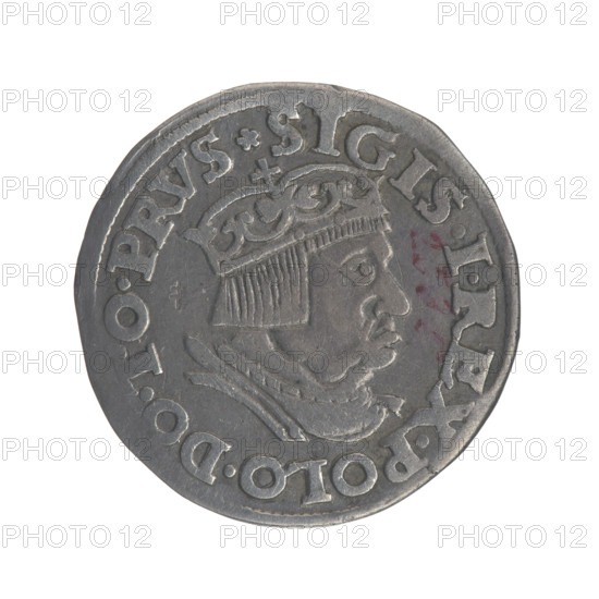 Gdansk trojak, Sigismund I the Old (King of Poland; 1506–1548). Obverse: Crowned male bust in profile turned to the right, inscription around the rim: .SIGIS.I.REX.POLO.DO.TO.PRVS. Reverse: Inscription around the rim in five lines, date separated by a shield with the coat of arms of Gdansk: .III./GROS:AR./TRIP:CIVI./DANNCZK/.15 - 36. 1536. Poland, Gdansk. Coin. Diameter 20.6–20.7 mm; weight 2.59 g. Subjects: Polish coins; Jagiellonians (dynasty); royal bust; Sigismund I the Old — iconography; city coats of arms; Gdansk (coat of arms).