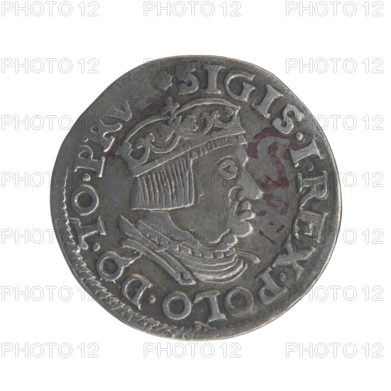 Gdansk trojak, Sigismund I the Old (King of Poland; 1506–1548). Obverse: Crowned male bust in profile turned to the right, rimmed inscription '.SIGIS.I.REX.POLO.DO.TO.PR'. Reverse: In the border, an inscription in five lines, the date separated by a shield with the coat of arms of Gdansk: '.III./GROS:AR/TRIP:CIVI/DANNCZK/.15 - 37.' Date: 1537. Poland, Gdansk. Coin; diameter 20.1–20.5 mm, weight 2.73 g.