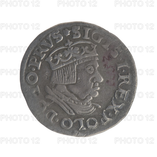 Gdansk trojak, Sigismund I the Old (King of Poland; 1506–1548). Obv.: Crowned male bust in profile turned to the right, inscription around the rim: .SIGIS.I.REX.POLO.D,O.PRVS. Rev.: In the rim inscription in five lines, date separated by a shield with the coat of arms of Gdansk: III./GROS:AR./TRIP:CIV,/DANNCZK/.15–37. 1537. Poland, Gdansk. Coin (trojak), silver; diameter 20.0–21.0 mm, weight 2.52 g. Subjects: Polish coins; Jagiellonians (dynasty); male/royal bust; city coat of arms (Gdansk).