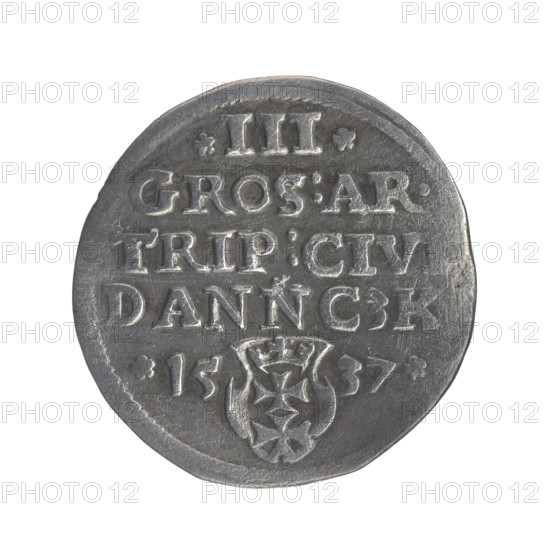 Gdansk trojak, Sigismund I the Old (King of Poland; 1506–1548). Obverse: Crowned male bust in profile turned to the right, inscription around the rim: .SIGIS.I.REX.POLO.D, O.PRVS. Reverse: In the rim inscription in five lines, date separated by a shield with the coat of arms of Gdansk: III./GROS:AR./TRIP:CIV,/DANNCZK/.15-37. 1537. Poland, Gdansk. Coin. Diameter 20.0–21.0 mm. Weight 2.52 g. Subjects/styles: Polish coins; Jagiellonians (dynasty); royal/male busts; city coats of arms (Gdansk).