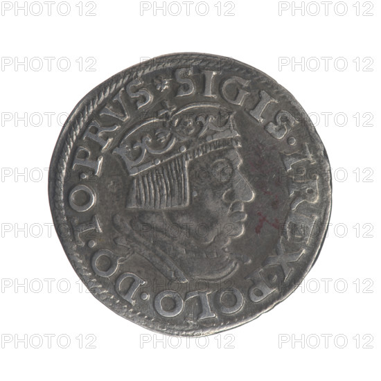 Gdansk trojak, Sigismund I the Old (King of Poland; 1506–1548). Polish coin (1537), Jagiellonian dynasty. Obverse: Crowned male/royal bust in profile facing right, inscription around rim: .SIGIS.I.REX.POLO.DO.TO.PRVS. Reverse: Inscription in five lines around rim, date separated by a shield with the coat of arms of Gdansk: .III./GROS:AR/TR, :CIVI:/D, NNCZK/.15 - 37. Materials/measurements: coin, diameter 20.3–20.7 mm, weight 2.58 g.