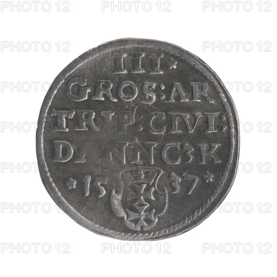 Gdansk trojak, Sigismund I the Old (King of Poland; 1506–1548). Obverse: Crowned male bust in profile turned to the right, inscription around the rim: .SIGIS.I.REX.POLO.DO.TO.PRVS. Reverse: Inscription around the rim in five lines, date separated by a shield with the coat of arms of Gdansk: .III./GROS:AR/TR, :CIVI:/D, NNCZK/.15 - 37. Date: 1537. Poland, Gdansk. Coin, diameter 20.3–20.7 mm, weight 2.58 g. Subjects: Polish coins; Jagiellonians (dynasty); royal/male busts; city coat of arms (Gdansk); iconography of Sigismund I the Old.