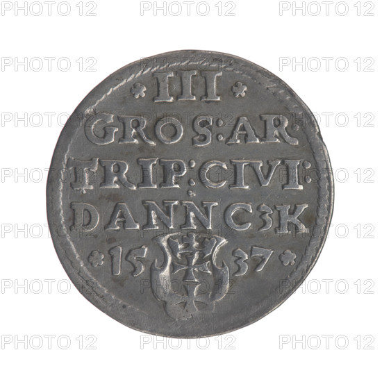Gdansk trojak, Sigismund I the Old (King of Poland; 1506–1548). Obv.: Crowned male bust in profile turned to the right, inscription around the rim: .SIGIS.I.REX.POLO.DO.TO.PRVSSI. Rev.: Inscription around the rim in five lines, date separated by a shield with the coat of arms of Gdansk: III./GROS:AR./TRIP:CIVI:/DANNCZK/.15 - 37. 1537. Poland, Gdansk. Coin (trojak), Jagiellonian dynasty; royal male bust; city coat of arms (Gdansk). Diameter 20.7–21.1 mm; weight 2.6 g.