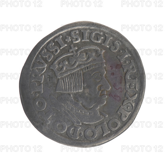Gdansk troika, Sigismund I the Old (King of Poland; 1506–1548). Polish coin, 1537. Obverse: Crowned male bust in profile turned to the right, inscription around the rim: .SIGIS.I.REX.POLO.DO, O.PRVSSI. Reverse: W inscription in five lines around the rim, date separated by a shield with the coat of arms of Gdansk: III./GROS:AR/TRIP:CIVI/DANNCZK/.15 - 37. Jagiellonian-era royal bust iconography; city coat of arms of Gdansk. Diameter 20.5–21.3 mm; weight 2.52 g.