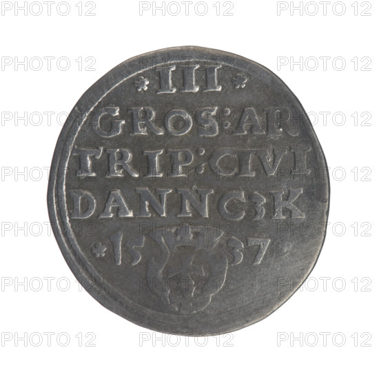 Gdansk troika, Sigismund I the Old (King of Poland; 1506–1548). Polish coin, 1537. Obverse: Crowned male bust in profile turned to the right, inscription around the rim: .SIGIS.I.REX.POLO.DO, O.PRVSSI. Reverse: W inscription in five lines around the rim, date separated by a shield with the coat of arms of Gdansk: III./GROS:AR/TRIP:CIVI/DANNCZK/.15 - 37. Jagiellonian dynasty; royal male bust; city coat of arms (Gdansk). Diameter 20.5–21.3 mm; weight 2.52 g.