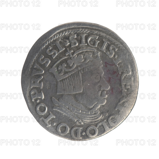 Gdansk troika, Sigismund I the Old (King of Poland; 1506–1548). Obv.: Crowned male bust in profile turned to the right, inscription around the rim: .SIGIS., OLO.DO.TO.PRVSSI. Rev.: W inscription in five lines around the rim, date separated by a shield with the coat of arms of Gdansk: III./GROS:AR:/TRIP:CIVI:/DANNCZK/.15 - 37. 1537. Polish coin, Jagiellonian period; male royal bust; city coat of arms (Gdansk). Diameter 20.0–20.8 mm; weight 2.59 g.