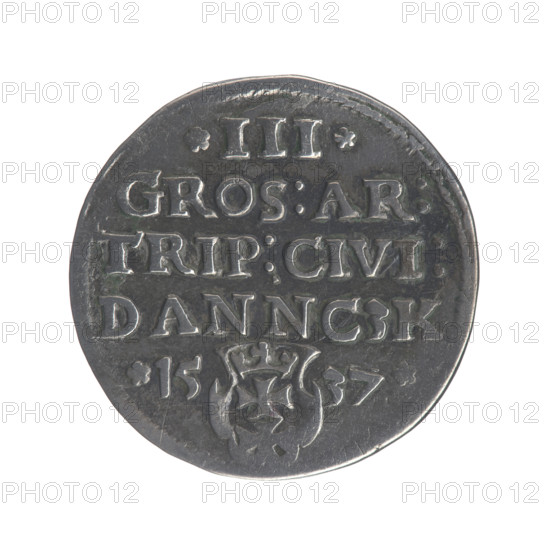 Gdansk troika, Sigismund I the Old (King of Poland; 1506–1548). Polish coin, 1537. Obverse: Crowned male bust in profile turned to the right, inscription around the rim: .SIGIS., OLO.DO.TO.PRVSSI. Reverse: W inscription in five lines around the rim, date separated by a shield with the coat of arms of Gdansk: III./GROS:AR:/TRIP:CIVI:/DANNCZK/.15-37. Jagiellonian dynasty, royal bust, city coat of arms (Gdansk). Diameter 20.0–20.8 mm; weight 2.59 g.