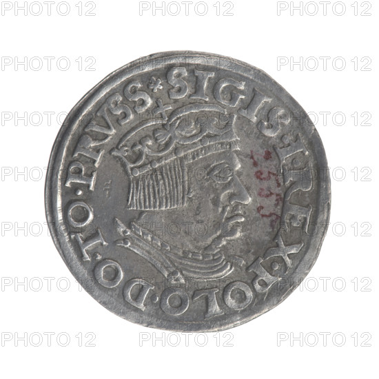 Gdansk troika, Sigismund I the Old (King of Poland; 1506–1548). Polish coin, 1537. Obverse: Crowned male bust in profile turned to the right, inscription around the rim: .SIGIS.I.REX.POLO.DO.TO.PRVSS. Reverse: Inscription around the rim in five lines, date separated by a shield with the coat of arms of Gdansk: .III./GROS:AR./TRIP:CIVI:/DANNCZK/.15 - 37. Diameter ~20.5–20.7 mm, weight 2.65 g. Subjects/styles: Jagiellonians (dynasty), royal bust (iconographic), city coat of arms (Gdansk).