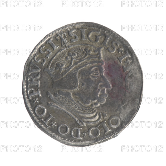 Gdansk trojak, Sigismund I the Old (King of Poland; 1506–1548). Obverse: Crowned male bust in profile turned to the right, inscription around the rim: .SIGIS.I., OLO.DO.TO.PRVSSI. Reverse: In the border an inscription in five lines, the date separated by a shield with the coat of arms of Gdansk: .III./GROSS:AR/TR, :CIVI:/GEDANE, /.15 - 37. Date: 1537. Poland, Gdansk. Coin. Diameter 20.0–20.9 mm. Weight 2.6 g.