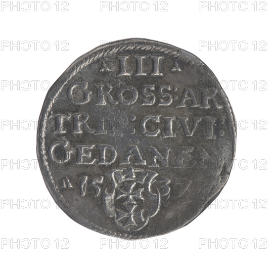 Gdansk trojak, Sigismund I the Old (King of Poland; 1506–1548). Obverse: crowned male bust in profile turned to the right, inscription around the rim: .SIGIS.I., OLO.DO.TO.PRVSSI. Reverse: in the border an inscription in five lines, the date separated by a shield with the coat of arms of Gdansk: .III./GROSS:AR/TR, :CIVI:/GEDANE, /.15 - 37. Date: 1537. Poland, Gdansk. Coin; diameter 20.0–20.9 mm, weight 2.6 g. Subjects: Polish coins; Jagiellonians (dynasty); royal bust; Sigismund I the Old — iconography; city coats of arms — Gdansk.