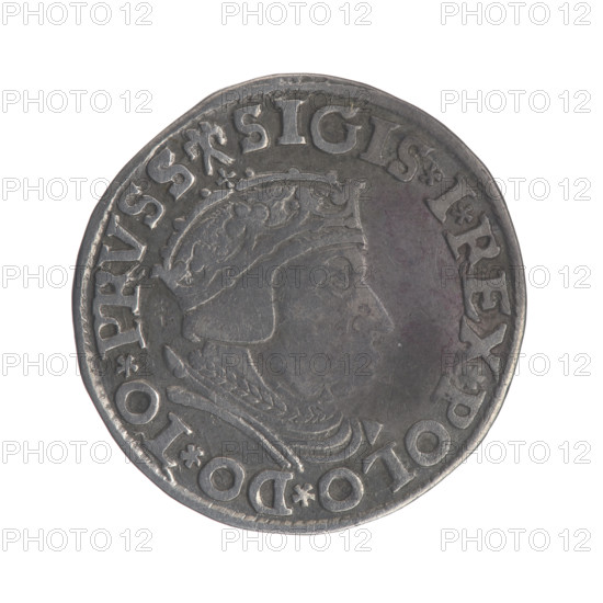 Gdansk troika, Sigismund I the Old (King of Poland; 1506–1548). Obverse: Crowned male bust in profile turned to the right, inscription around the rim: .SIGIS.I.REX.POLO.DO.TO.PRVSS. Reverse: Inscription around the rim in five lines, date separated by a shield with the coat of arms of Gdansk: .III./GROSS:AR/TRIP, VI:/GE, EN:/.15 - 37., 1537. Polish coin; Jagiellonian period; royal bust iconography; city coat of arms of Gdansk. Diameter 20.5–21.0 mm; weight 2.61 g.